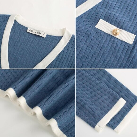 GRACE KARIN Sweater Dress Long Sleeve V Neck Pullover Elegant Midi Knit Dress - Picture 3 of 8